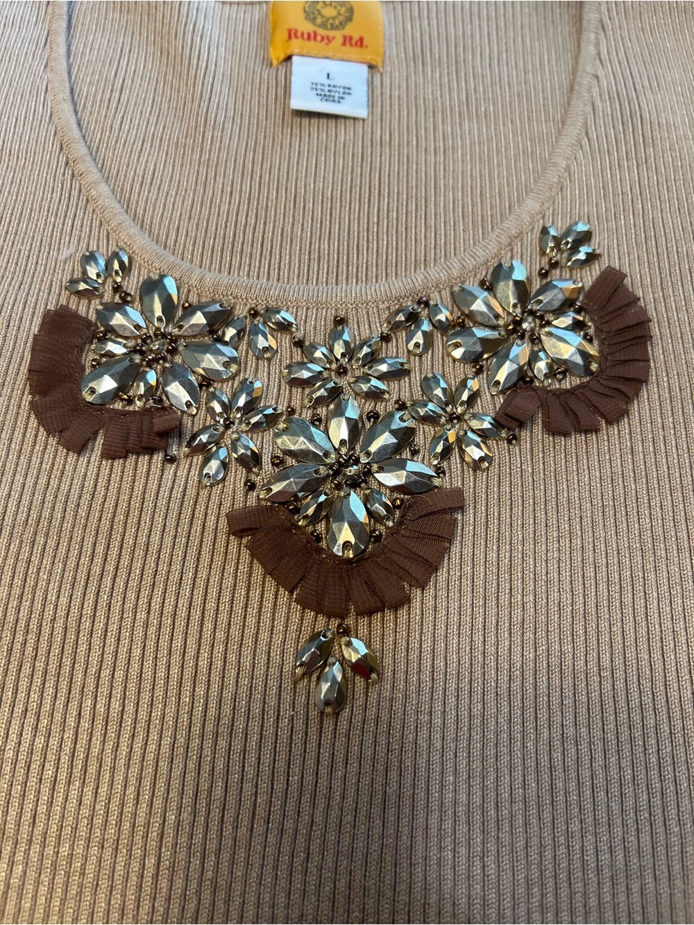 Ruby Rd. Beige Ribbed Tank with Jeweled Neckline - Picture 7 of 7